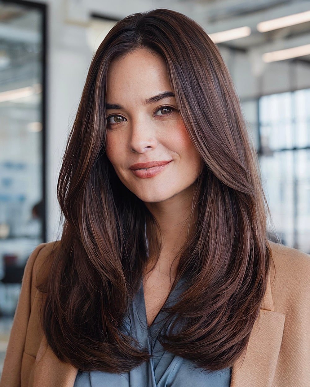 Polished long layered haircut with volume control and soft cascading layers