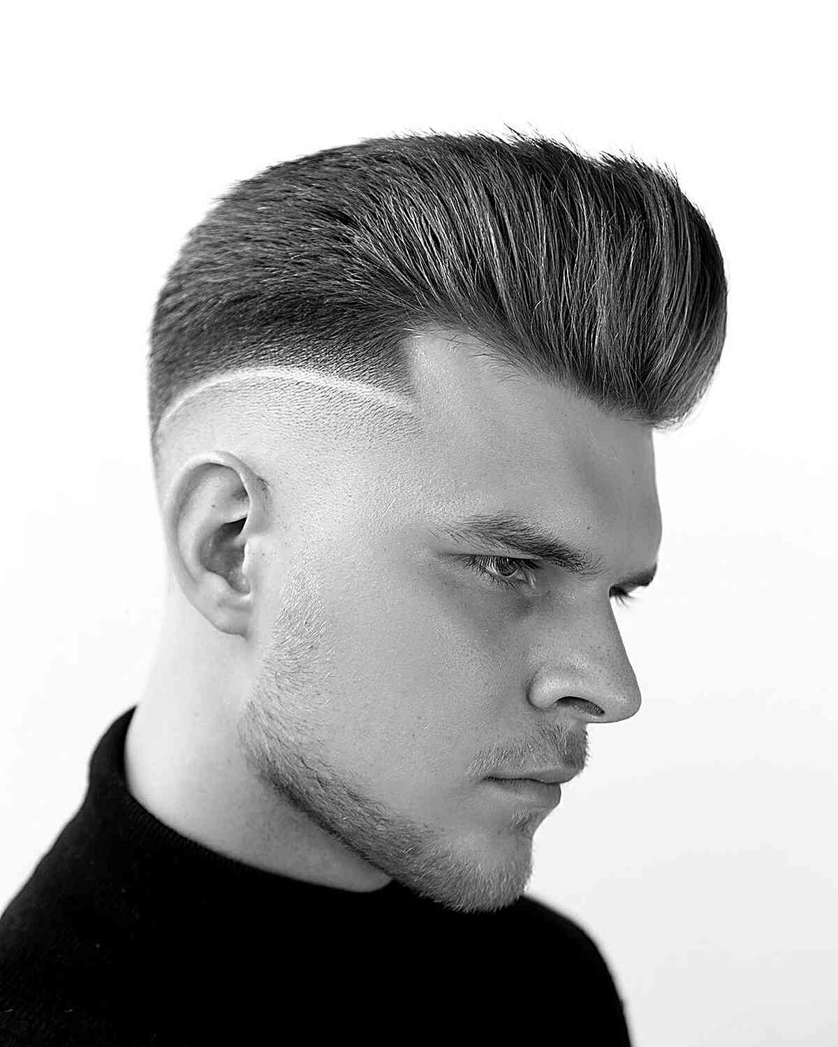 Pomp Fade with a Surgical Line Design for guys with a thin beard