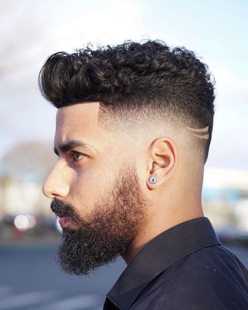 curly pompadour with Beard for Thick Black hair
