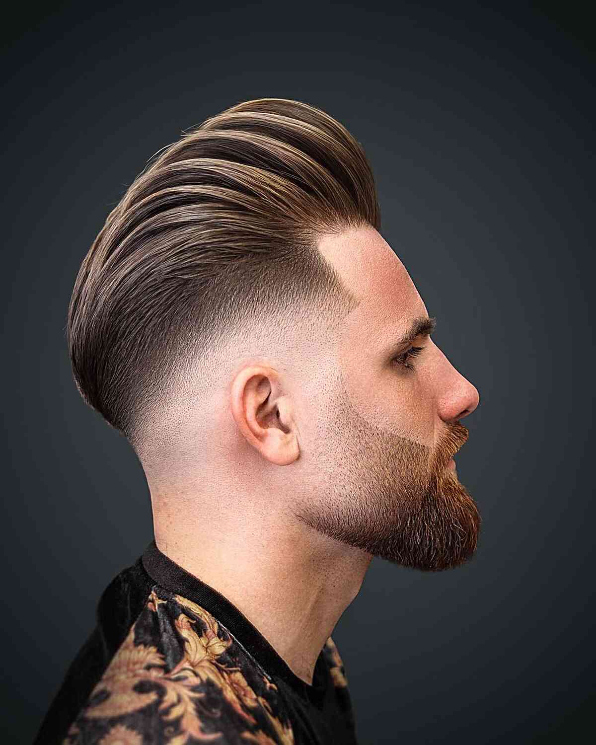 Pompadour with Bald Fade and Beard Fade for Guys