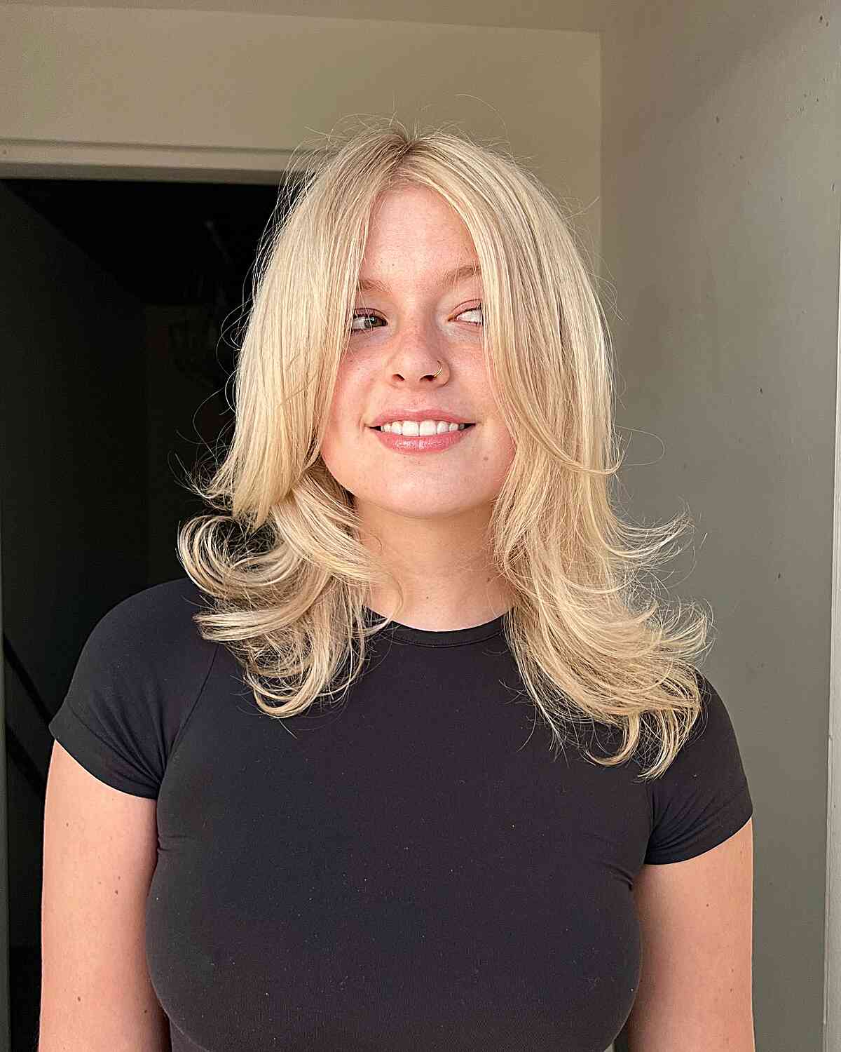 Medium Preppy Barbie Blonde Feathered Hairstyle