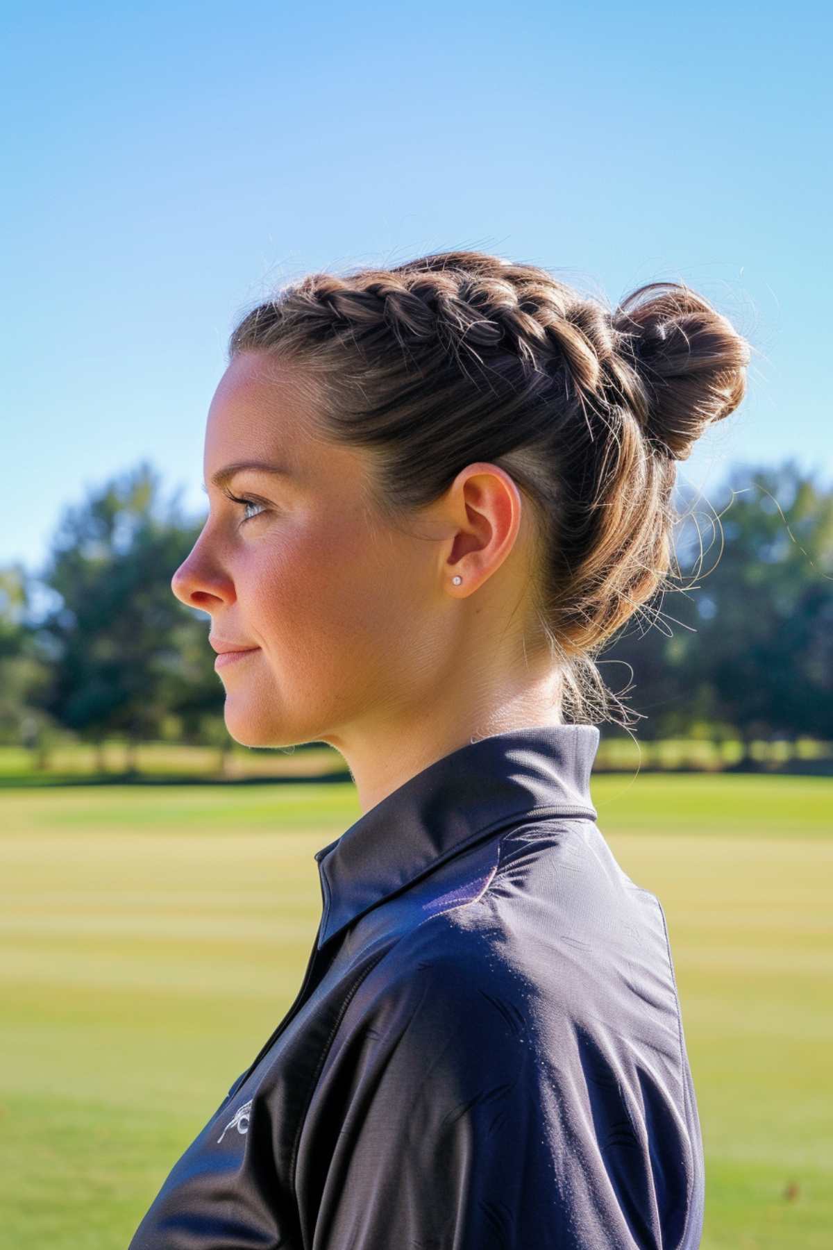 Woman with preppy braided bun, golf hairstyle