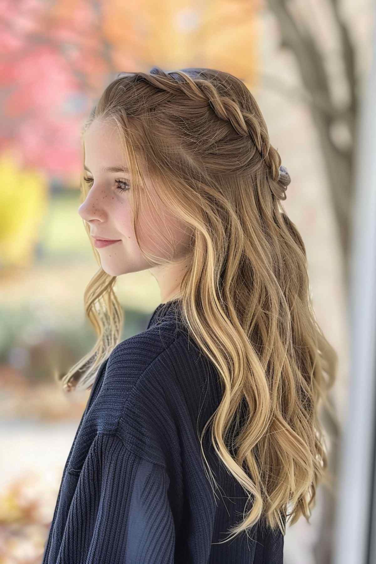 Preppy braided half-up hairstyle for girls with medium to long hair