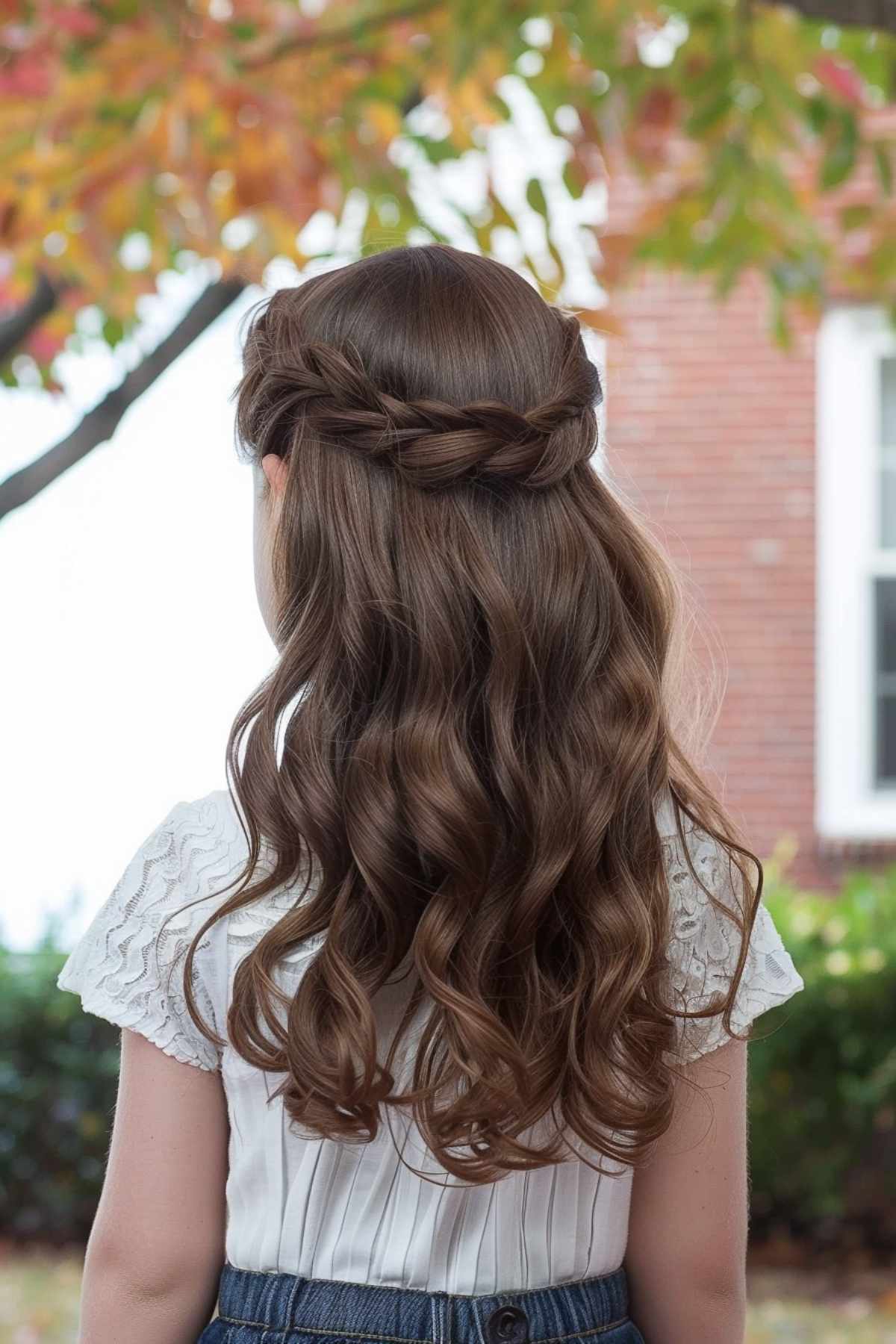 Young girl with a preppy braided half-up hairstyle, showcasing natural waves