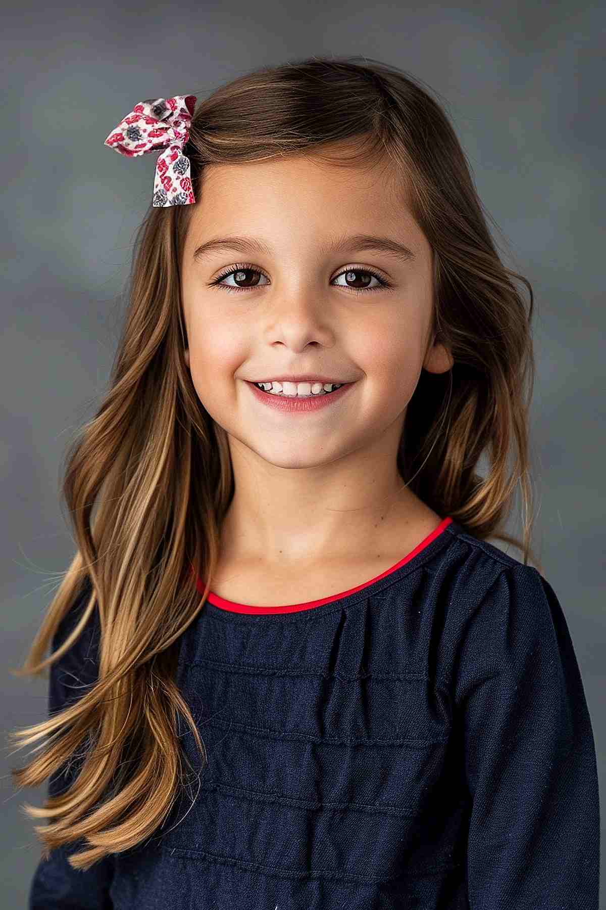 Young girl with preppy side part hairstyle and floral bow