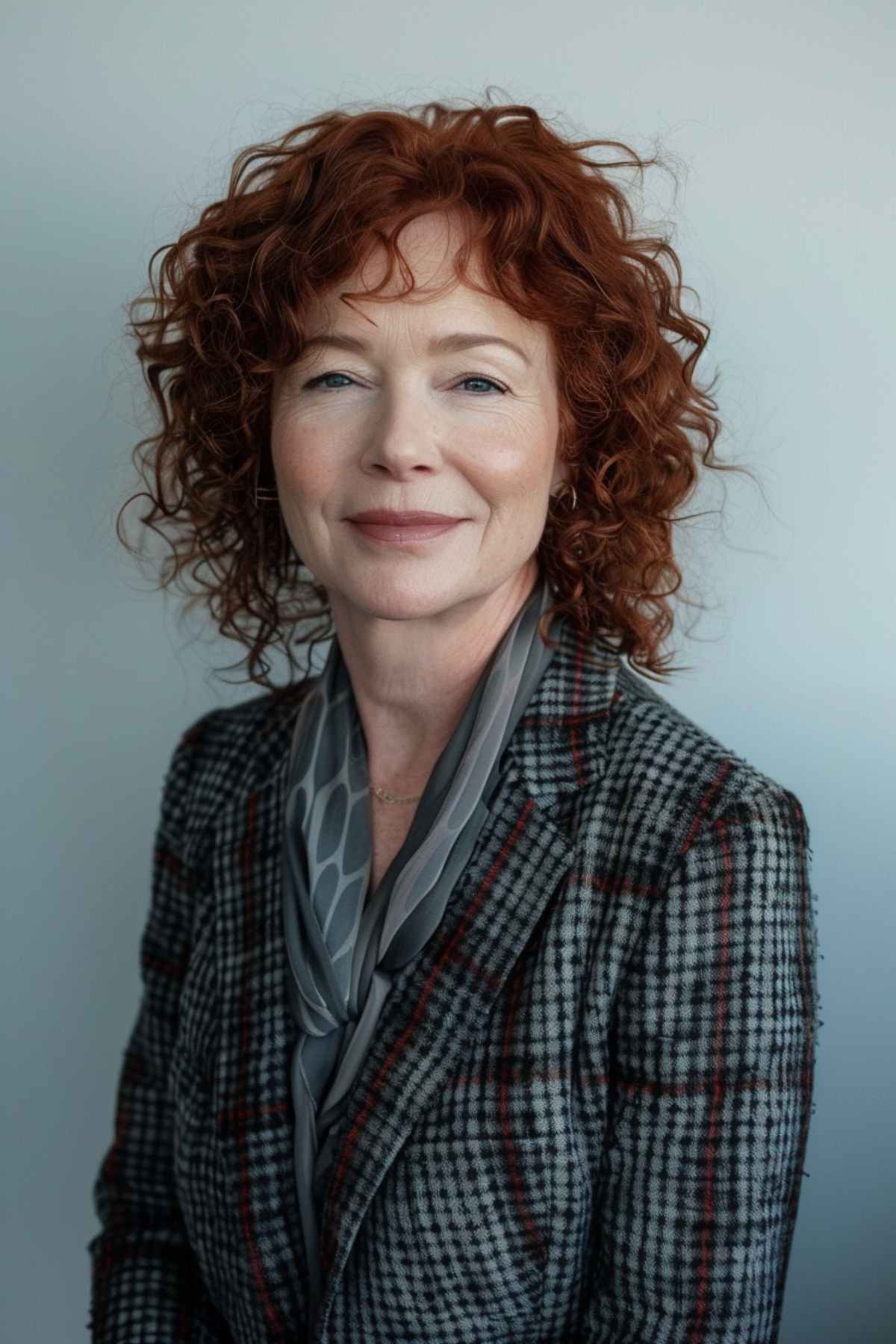 Shoulder-length auburn curly hair, perfect for older women with naturally curly hair