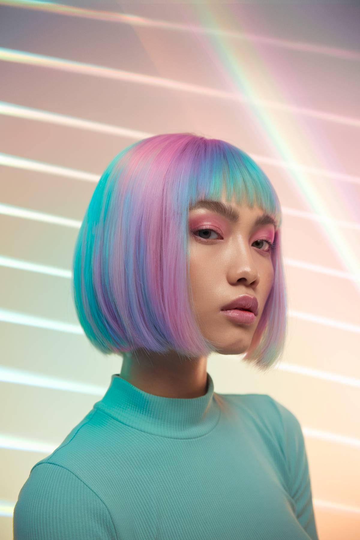 Prism glow bob with a sleek pastel rainbow effect, reflecting light in soft pink, mint, and lavender