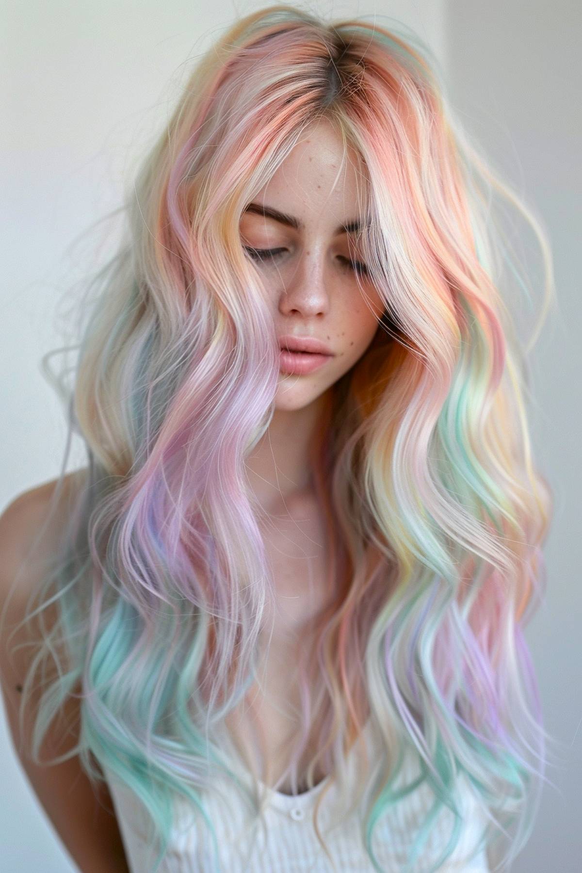 Long wavy hairstyle with pastel rainbow tones