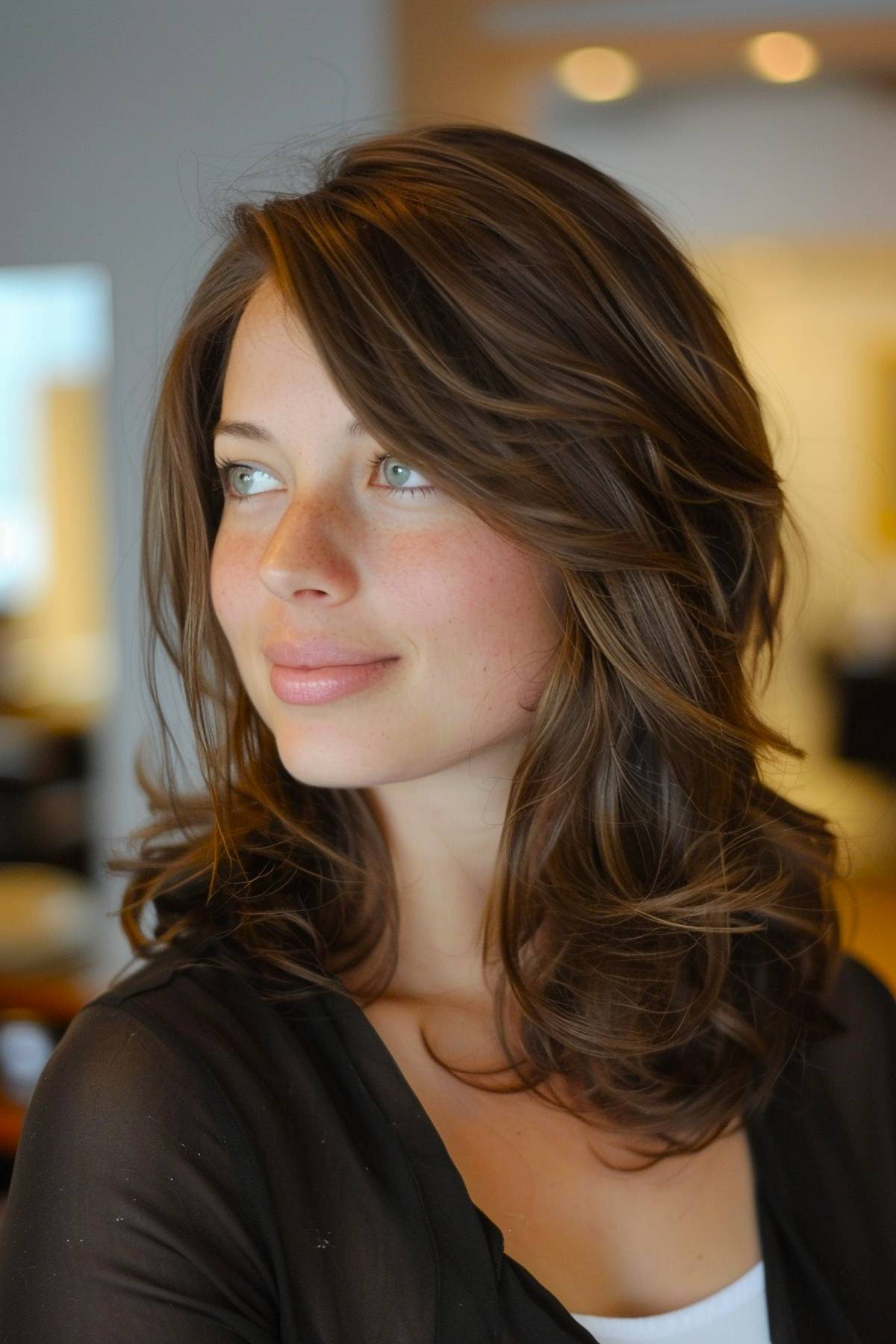 Medium-length layered haircut with soft waves and mahogany brown undertones