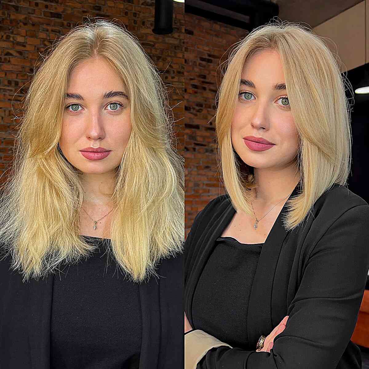 Professional Long Curtain Fringe on a Long Bob Hairstyle for women with soft blonde hair