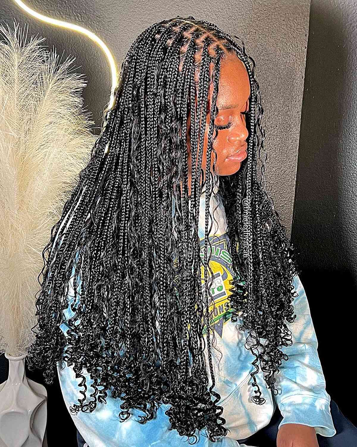 Waist-Length Protective Bohemian Hairstyle with Small Knotless Braids