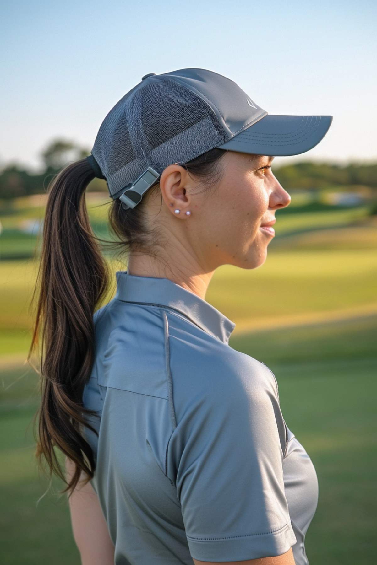 Woman with protective ponytail and cap, golf hairstyle