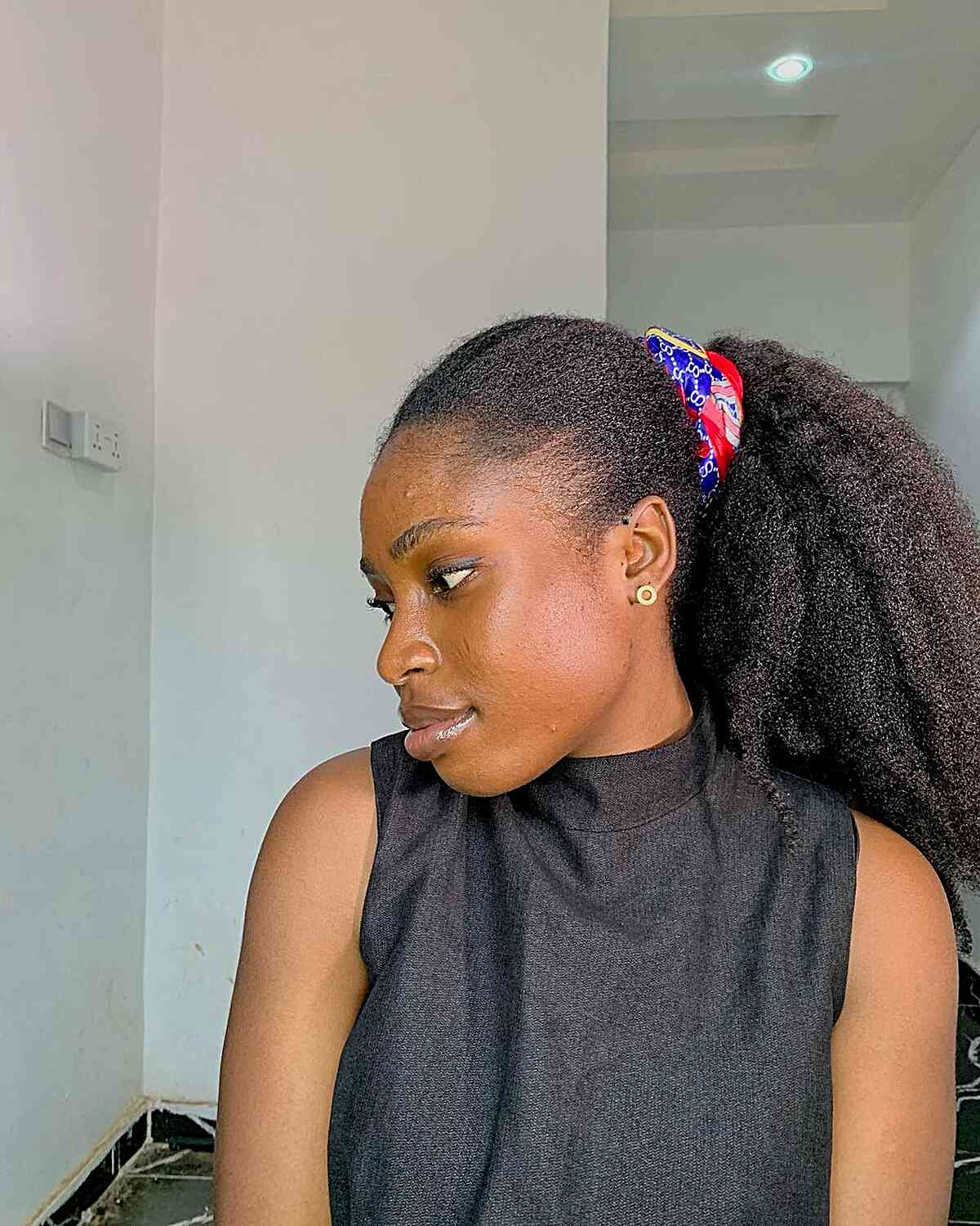 Long-Length Puffy Ponytail Updo on Natural Kinky Black Hair
