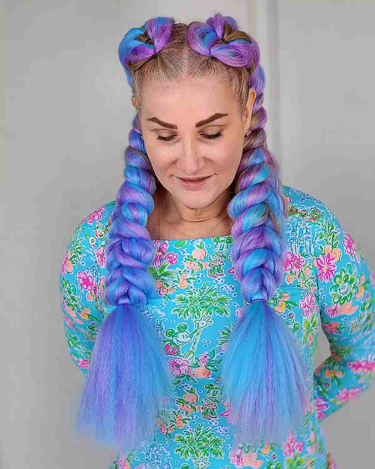 Blue and Violet Pull-Through Mermaid Braids for a Festival
