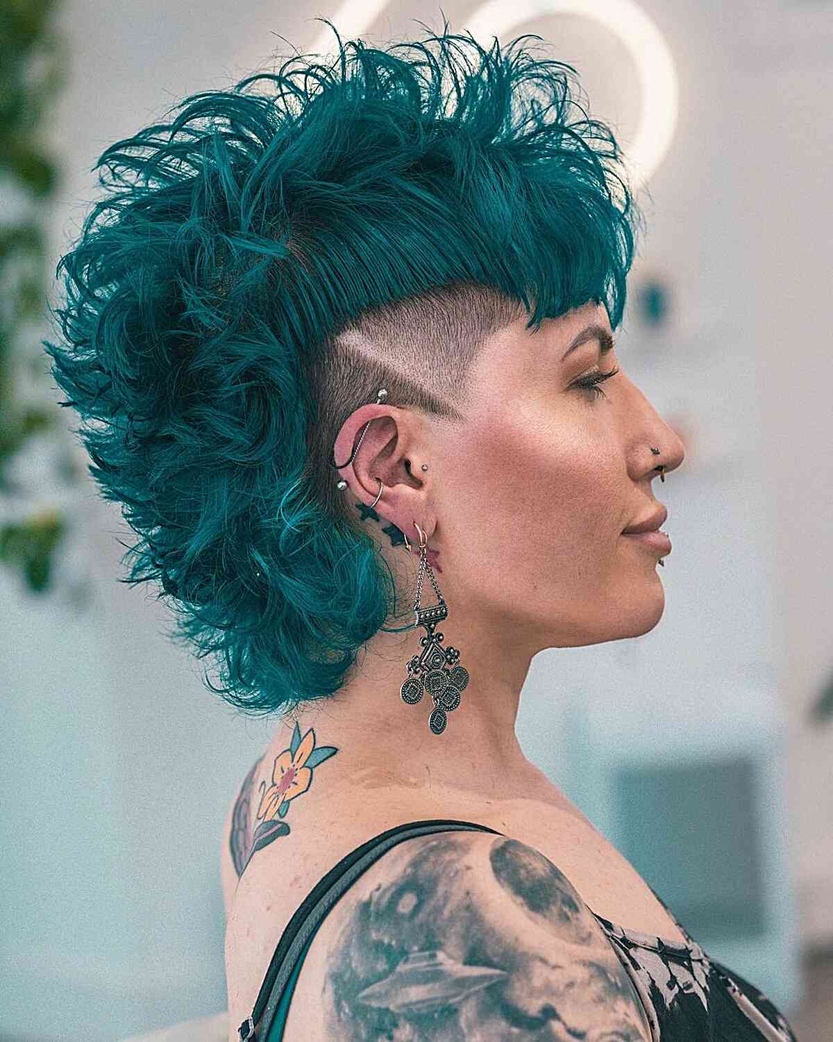 Punk Emerald Mullet with Shaved Designs Hairstyle
