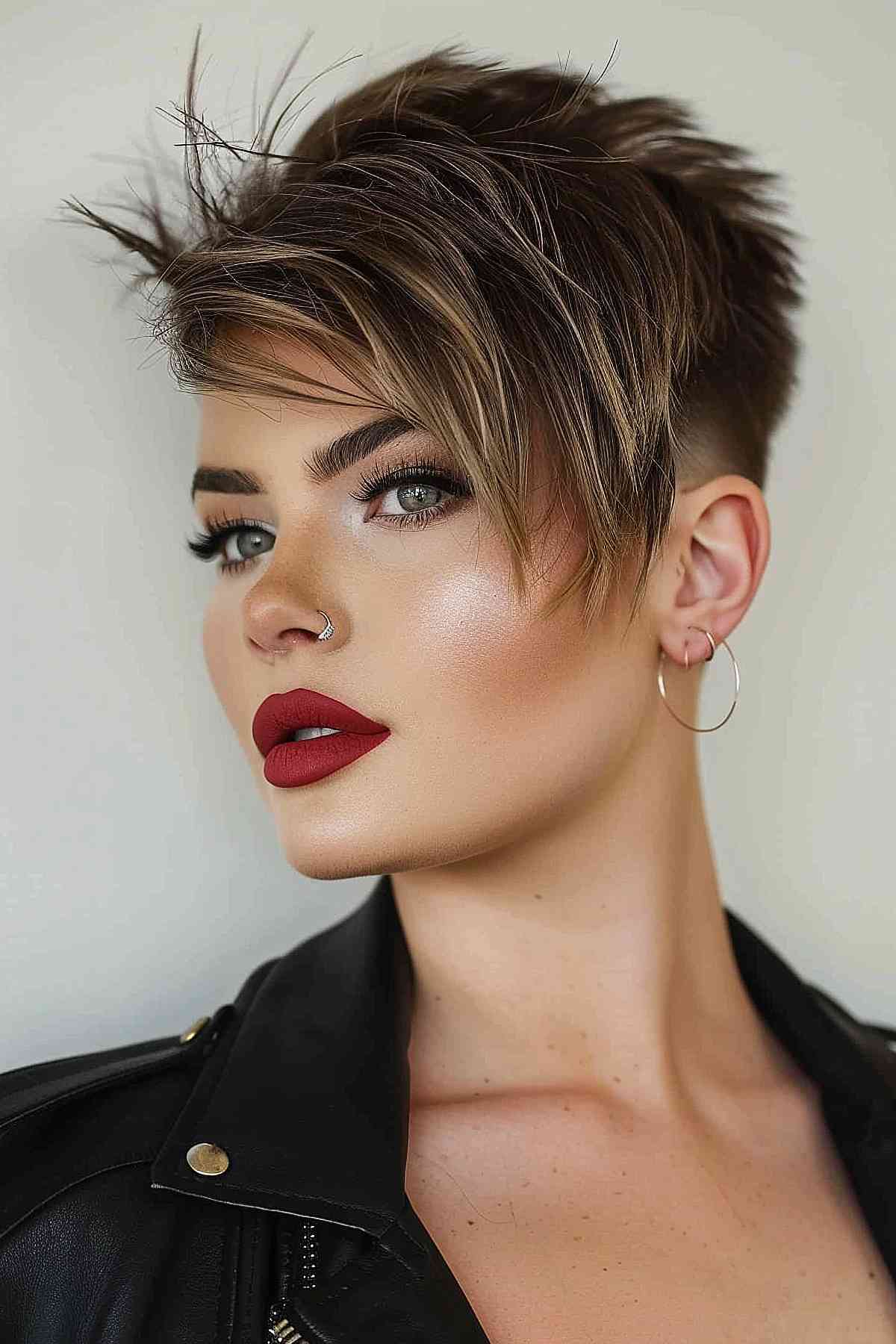 Chic punk pixie cut with asymmetrical bangs and subtle highlights, perfect for enhancing angular features and maintaining a low-maintenance, stylish look.