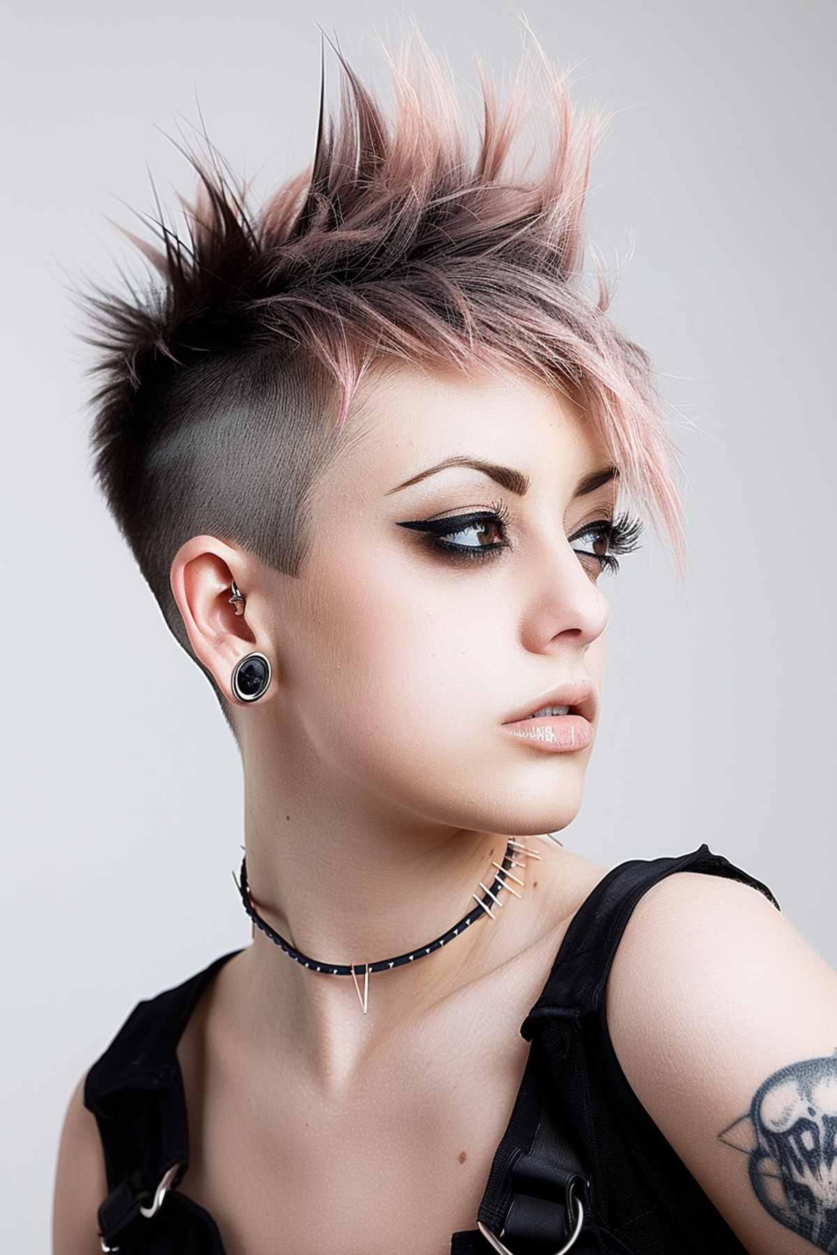 Punk pixie cut with bold undercut, featuring spiked hair with dark roots and pink tips, ideal for expressing individuality.