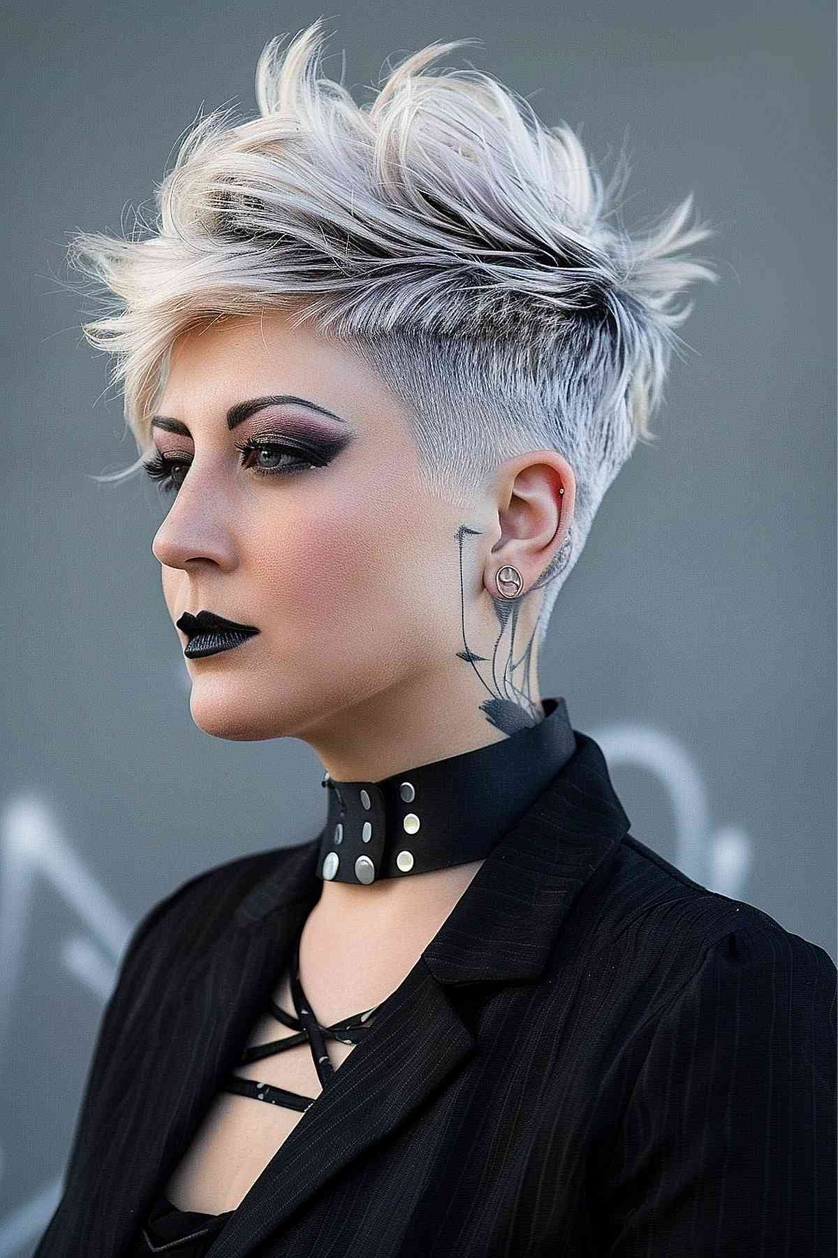Punk pixie cut with platinum blonde tips and dark base, designed to add volume and texture to fine hair with sharp contrasts and spiked styling. 