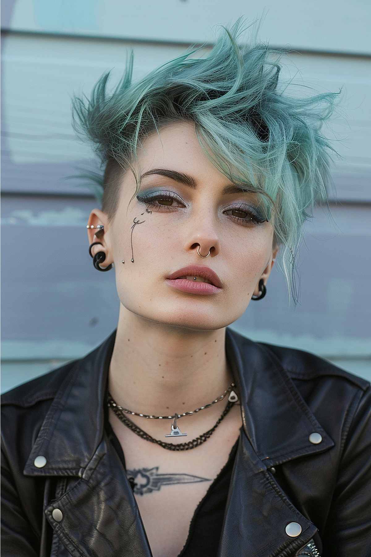 Seafoam green punk pixie cut with tousled layers and dark roots, featuring an undercut with intricate patterns for a vibrant, artistic look.