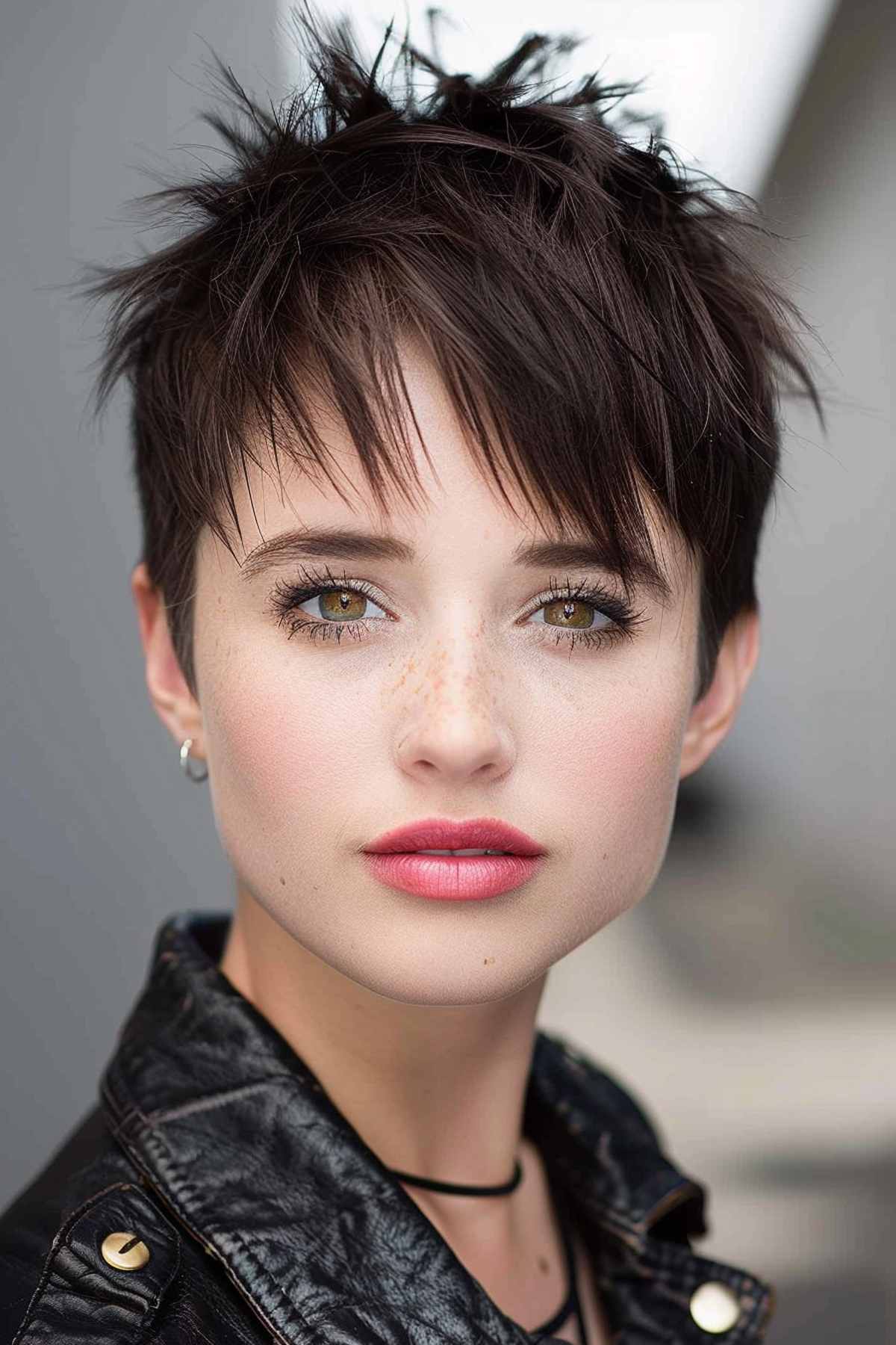 Chic punk pixie cut with dark, richly colored, choppy layers, perfect for adding volume and texture to fine to medium hair. 
