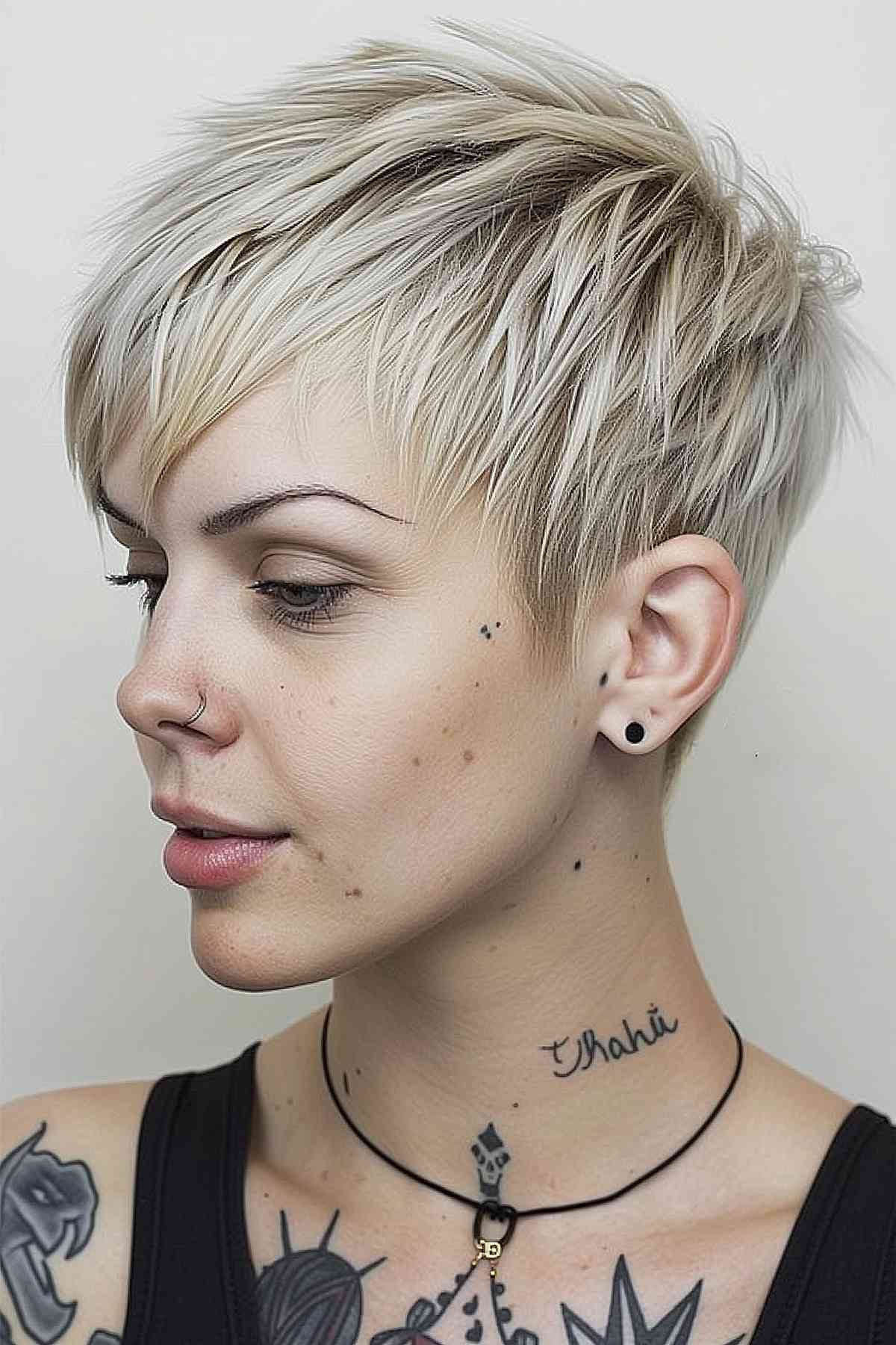 Chic punk pixie cut with blonde highlights and close-cut sides for a textured, low-maintenance style.