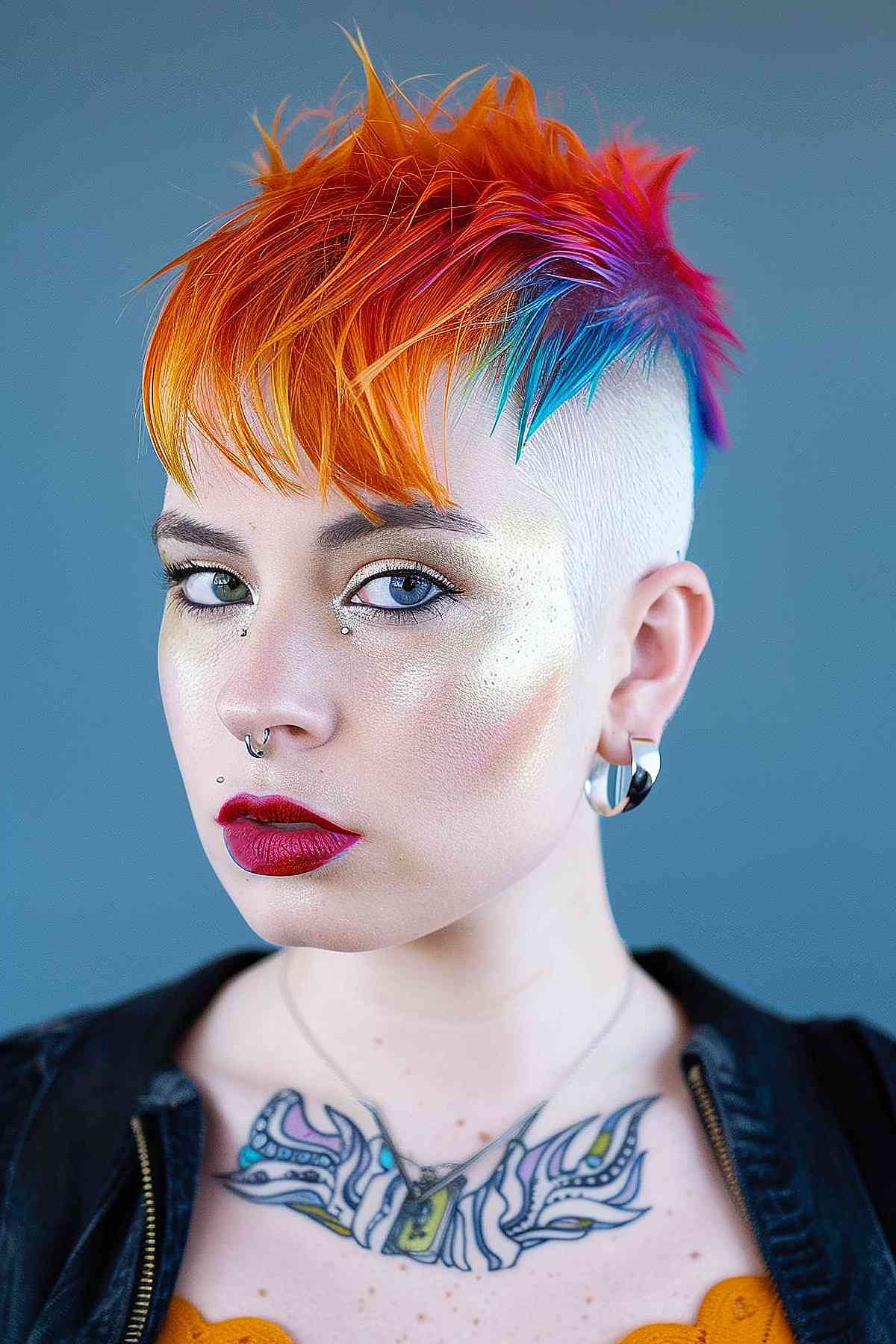 Punk pixie cut with a vivid color gradient from orange and red at the top to blue at the tips, styled to flatter round face shapes and offer low maintenance.