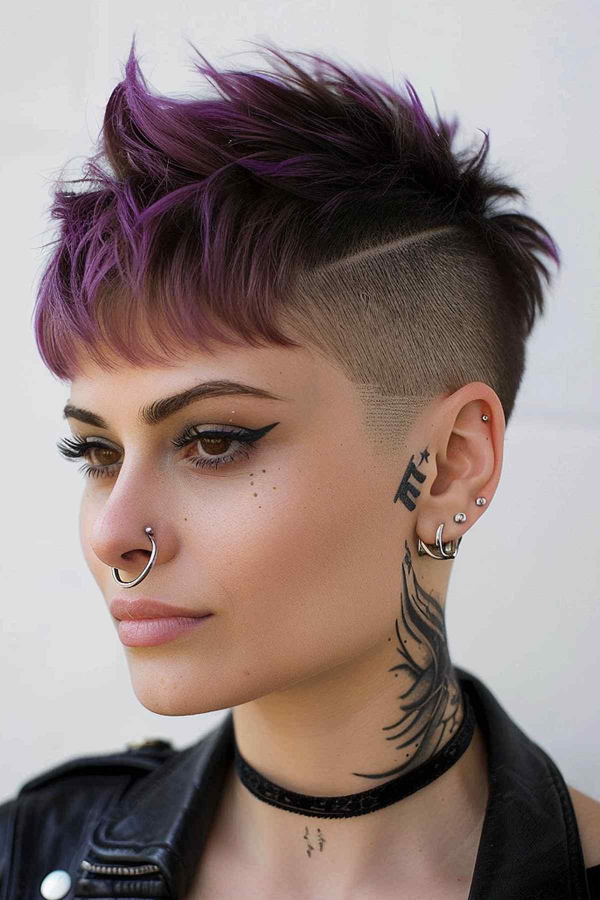 Bold punk pixie cut with vivid purple spikes and precisely shaved sides, perfect for showcasing a daring, modern style.
