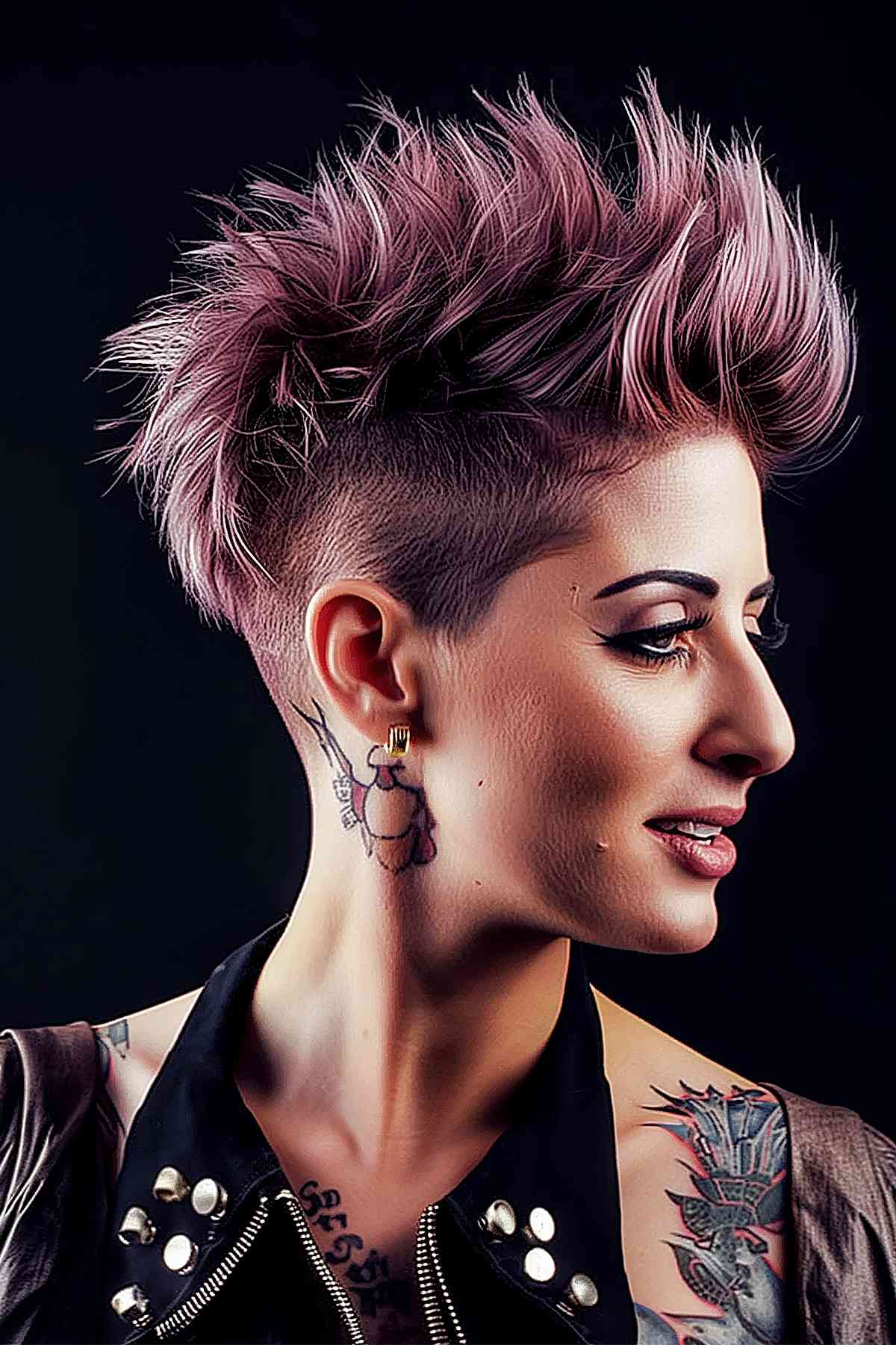 Bold punk pixie cut with vibrant pink spikes and gradient purple sides, designed to enhance thick hair with a playful, voluminous look.
