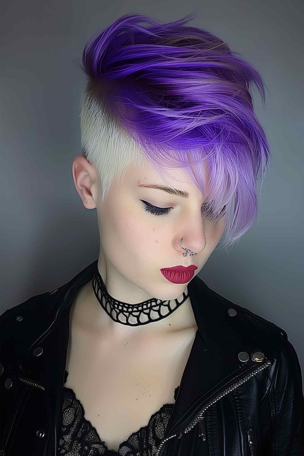 Punk pixie cut with long purple bangs and stark white sides, offering a bold color contrast and versatile styling options.