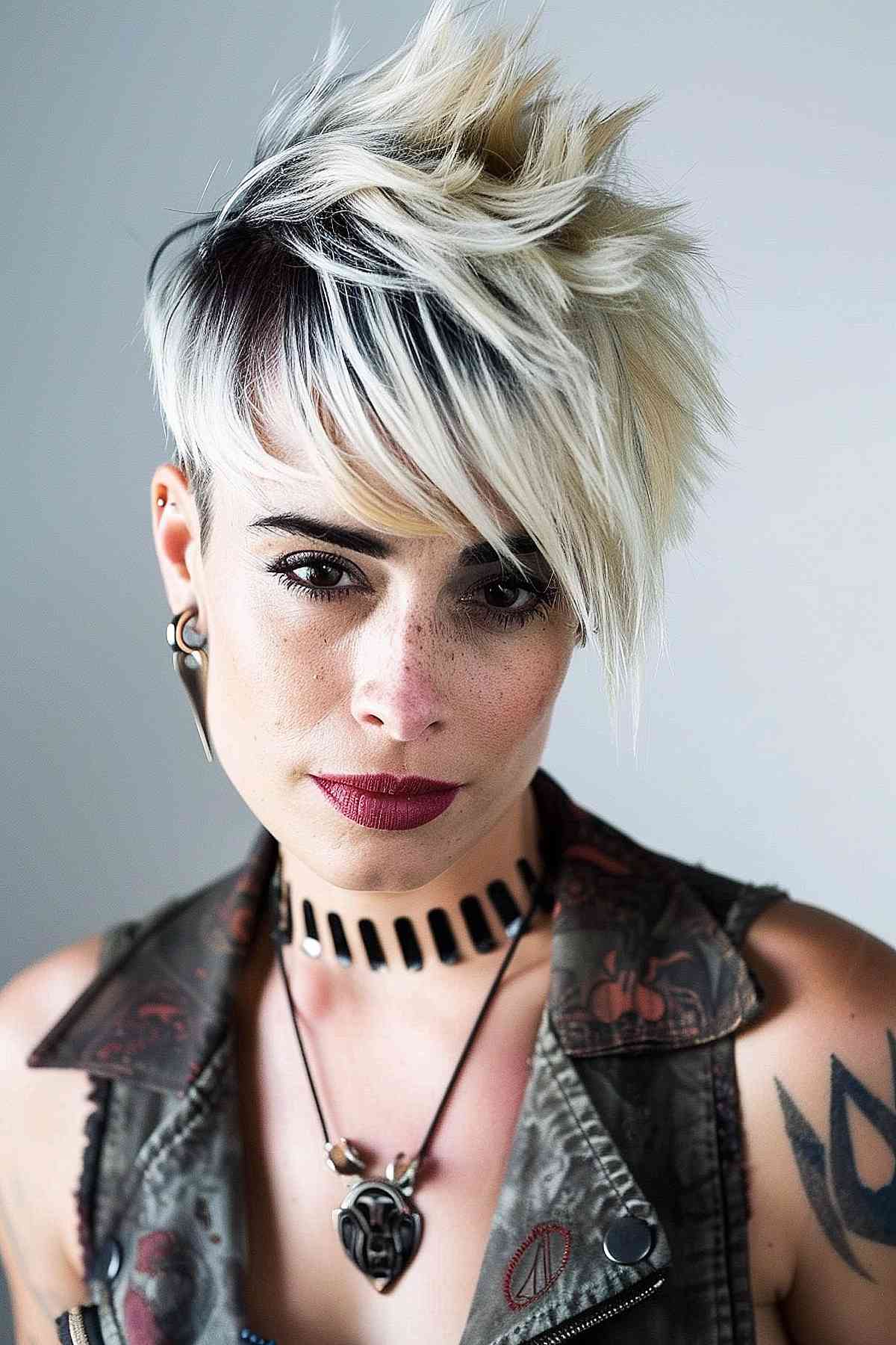 Punk pixie cut with dramatic side bangs in platinum blonde and a dark undercut, perfect for a bold, voluminous look.