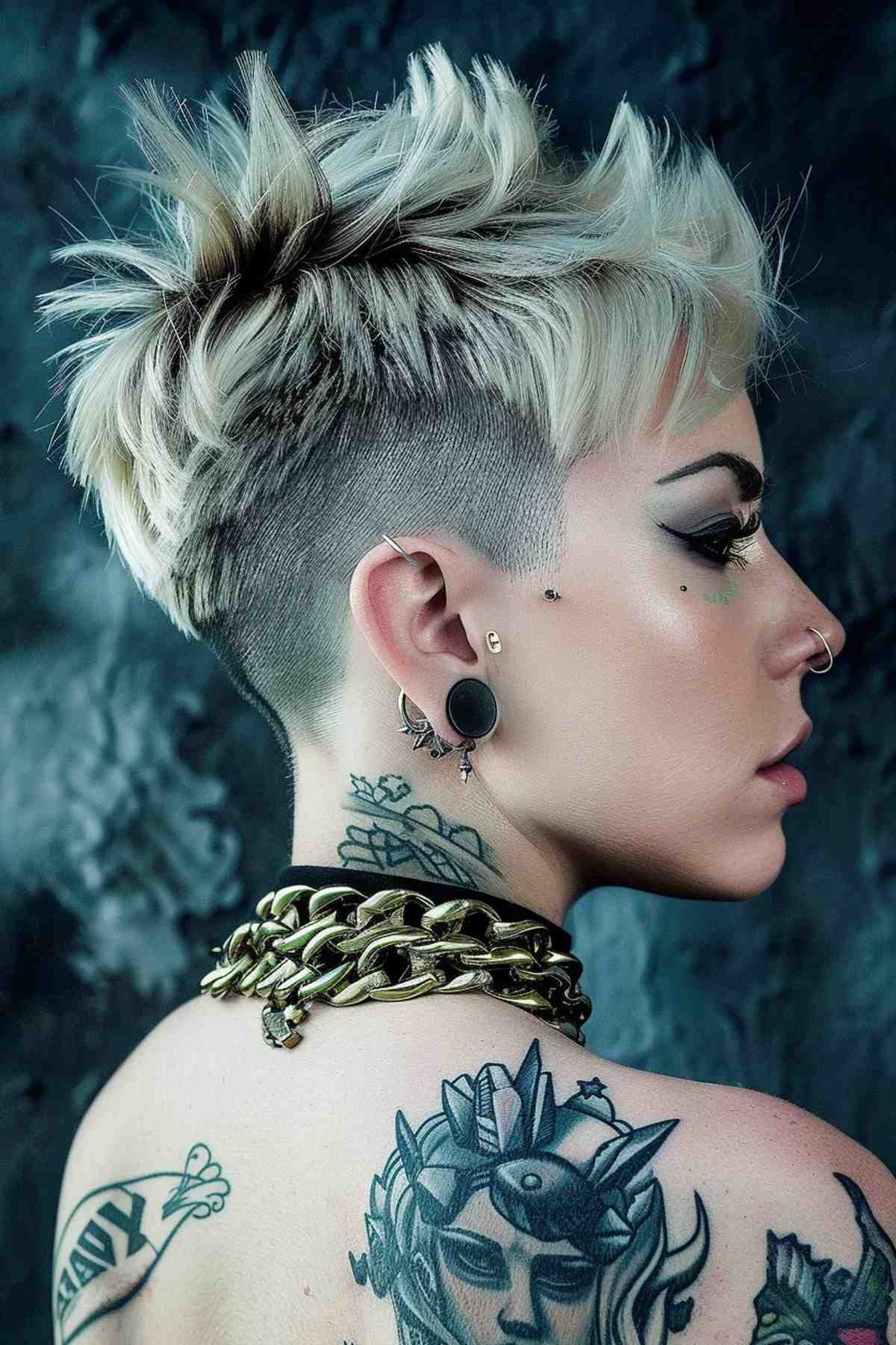 Punk rock pixie cut with bleached faux hawk spikes and dark, shaved sides, ideal for a bold style statement and easy upkeep. 