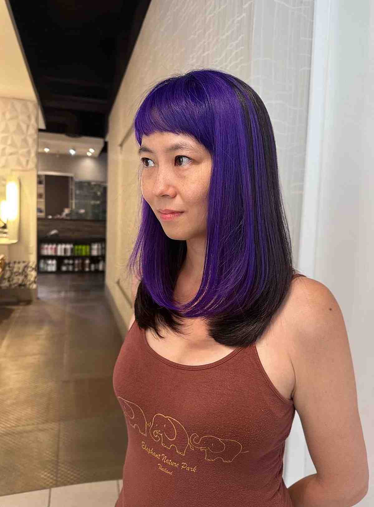 Purple and Black Skunk Stripes with Fringe on Mid-Length Hair