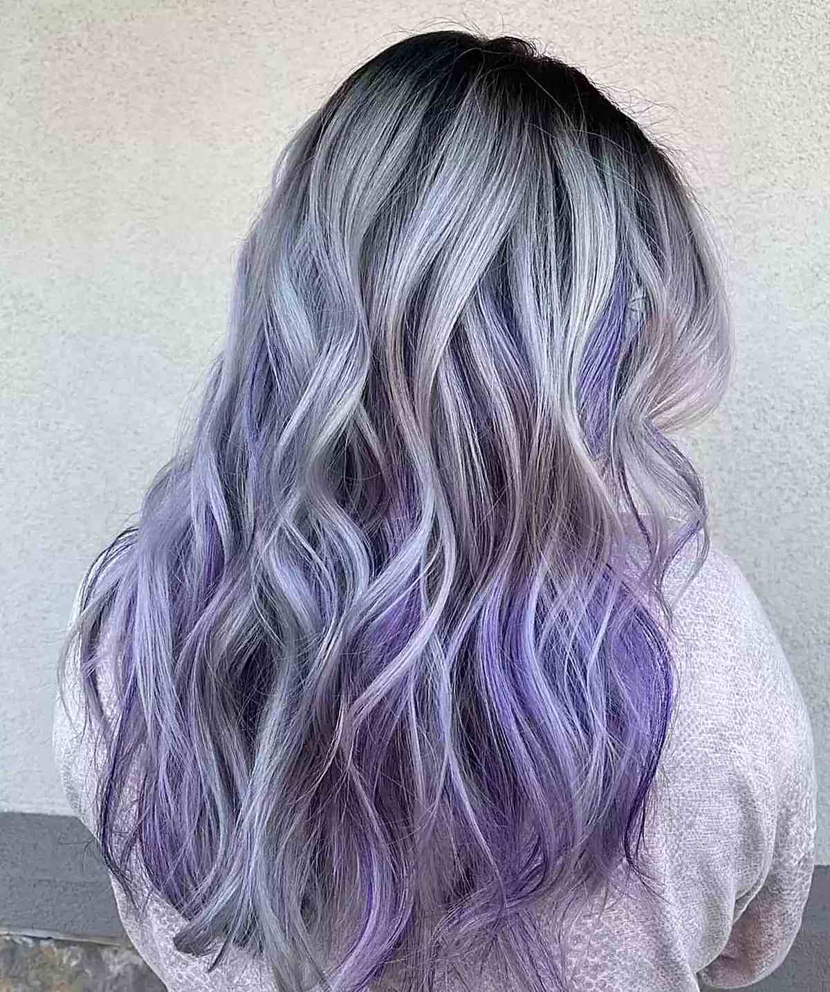 Purple and Silver Balayage Highlights with Black Roots for Long Waves
