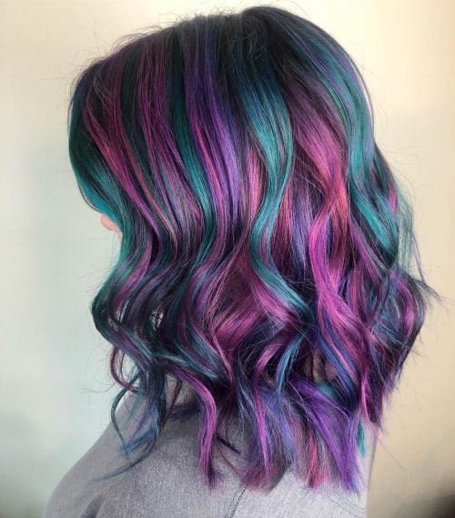 Peacock Hair Color with Shades of Purple and Teal Blue