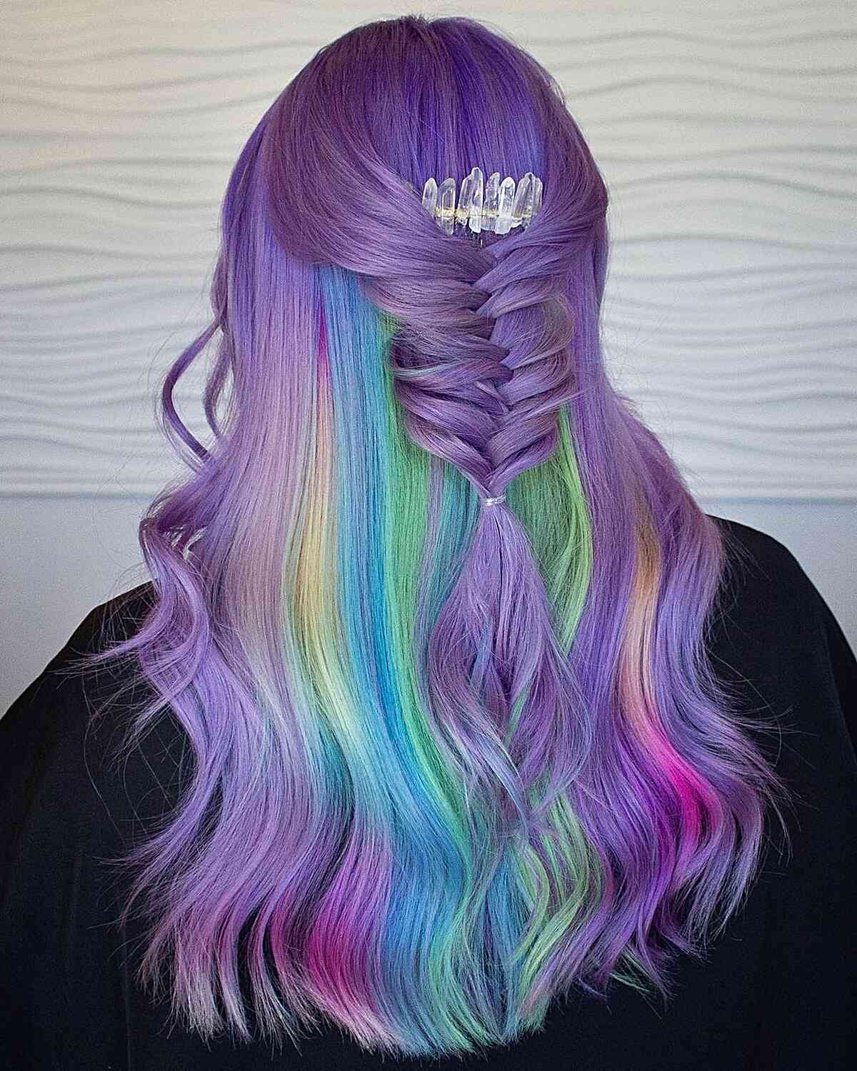Long Light Purple Hair with Rainbow Pastel Highlights