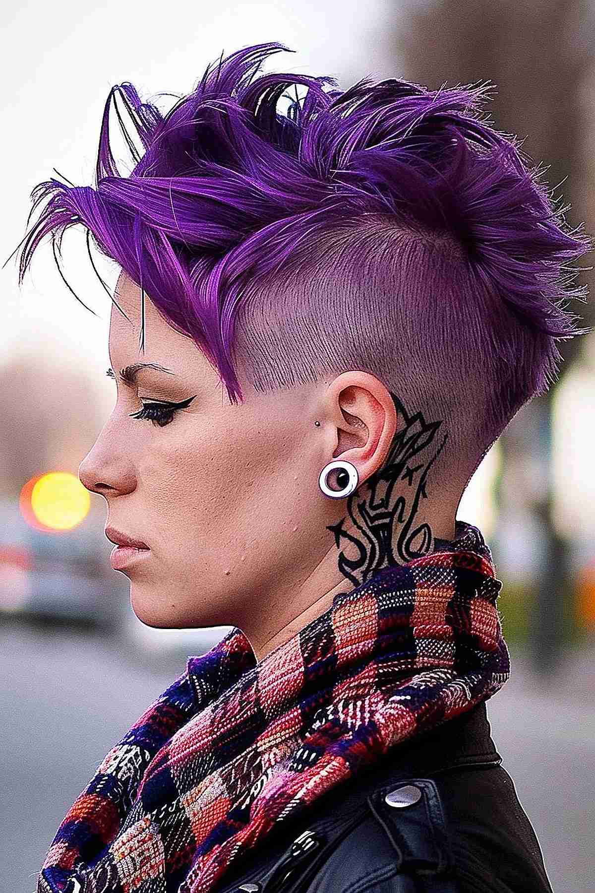 Bold purple punk pixie cut with electric purple spikes and short shaved sides, perfect for a dynamic and bold color statement. 