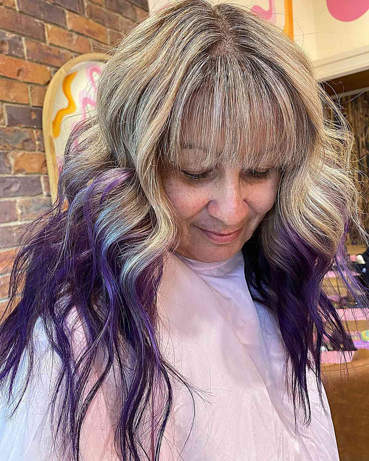 Purple Reverse Balayage on Long-Length Hair with Light Fringe for Older Ladies Aged 50