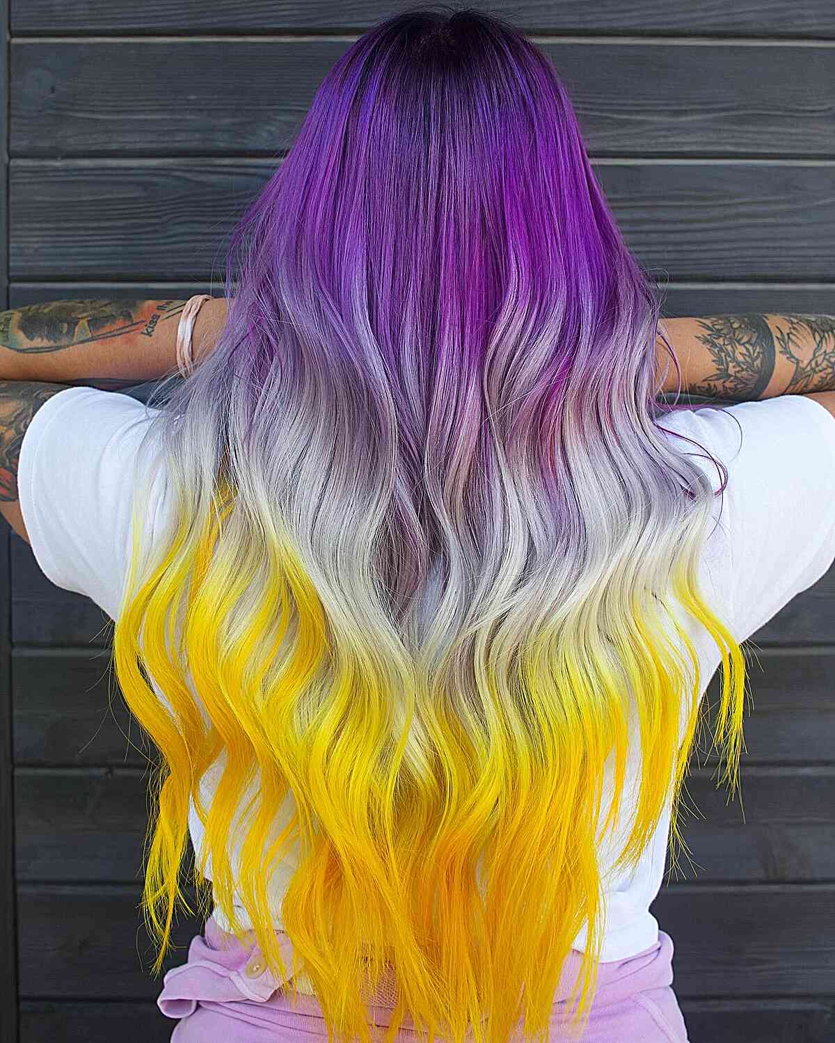 Purple to White to Yellow Long Ombre Hair
