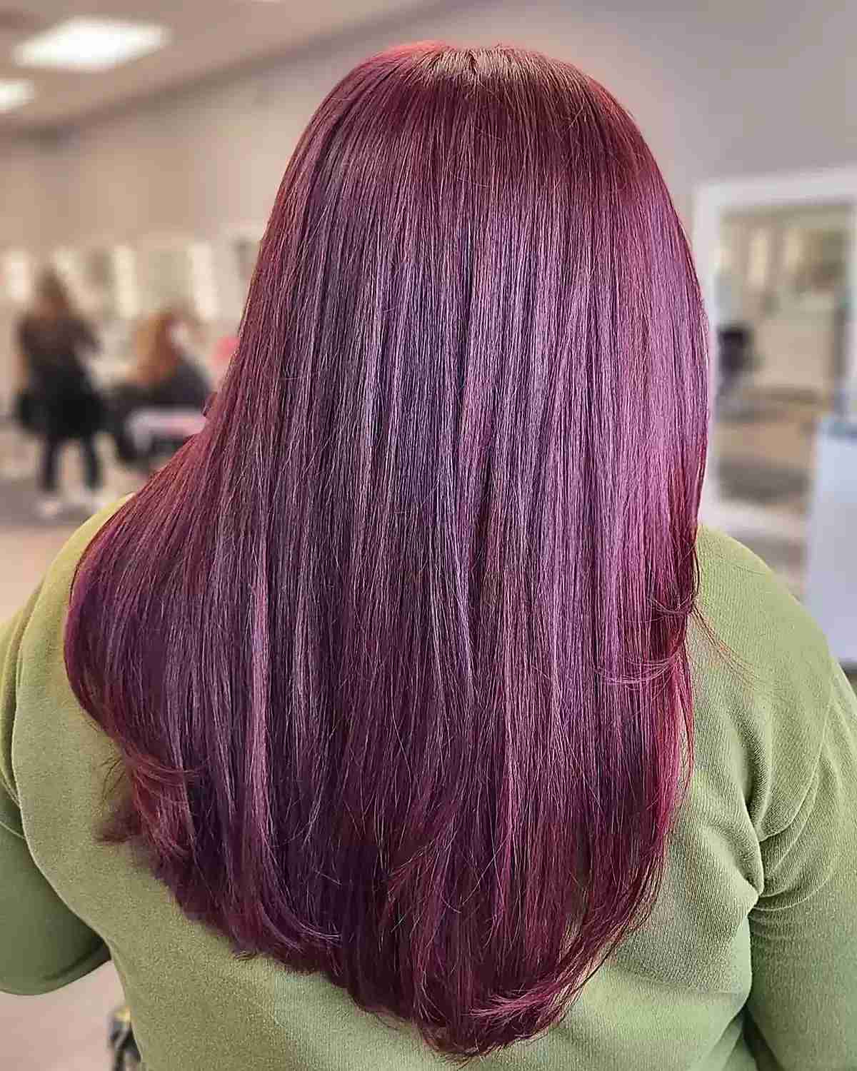Purplish Burgundy Hair Color on Sleek, Straight-Haired Women