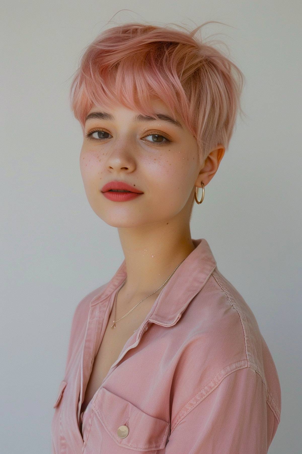 Quartzcut pixie hairstyle in pastel pink with delicate texture 