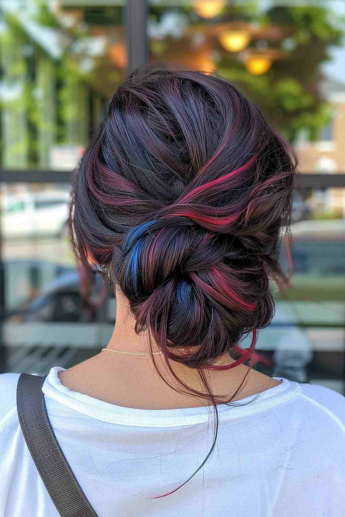 Medium to long hair in a loose bun with red and blue highlights for 4th of July