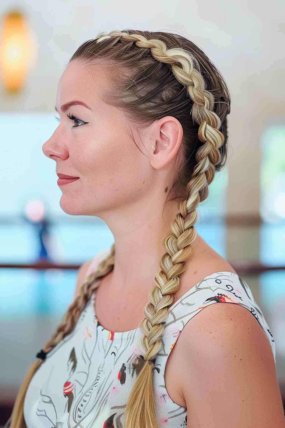 Side view of a woman with a quick Dutch braid, ideal for medium to long hair and a practical hairstyle for the waterpark