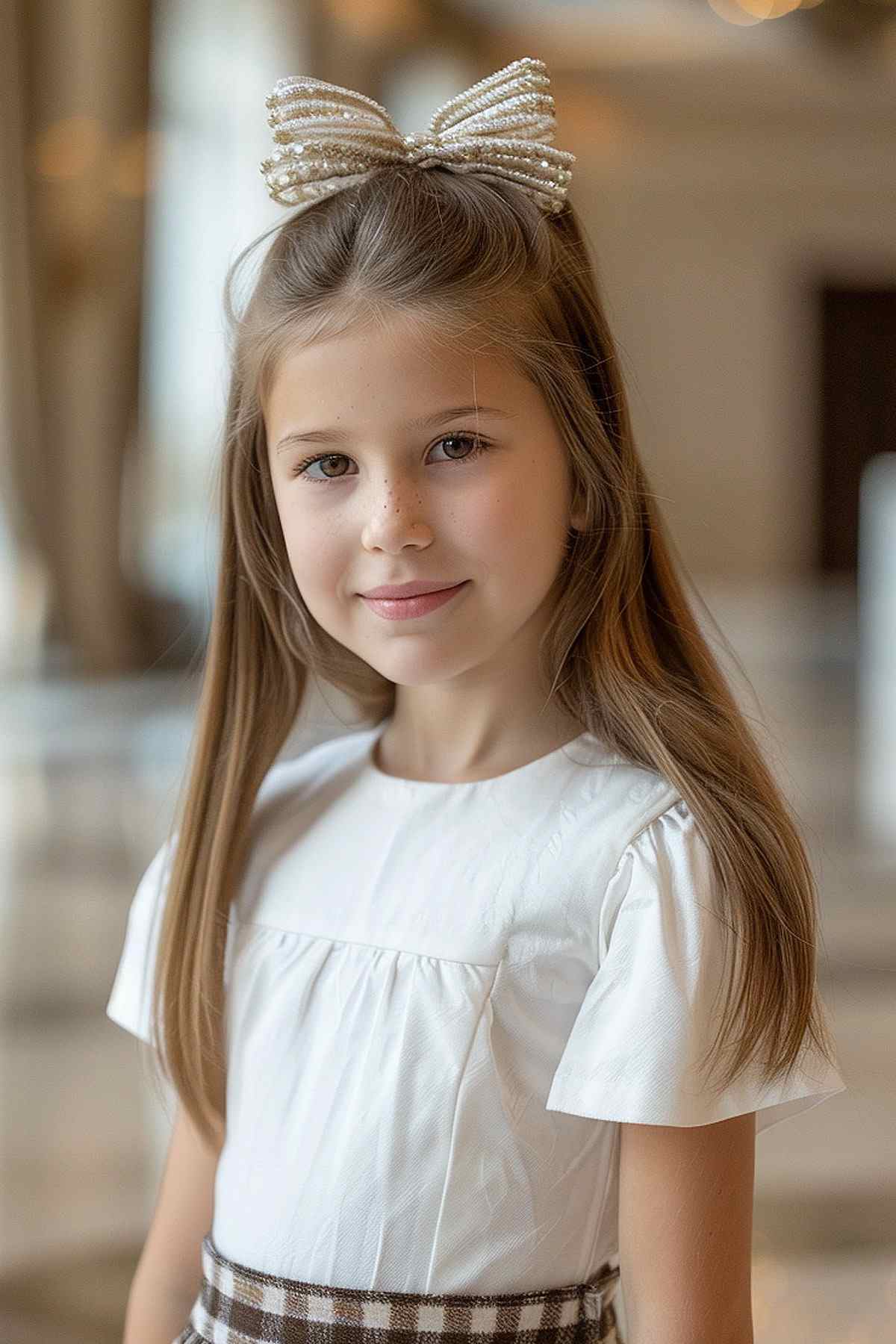 Young girl with a quick and easy half-up hairstyle and a bow