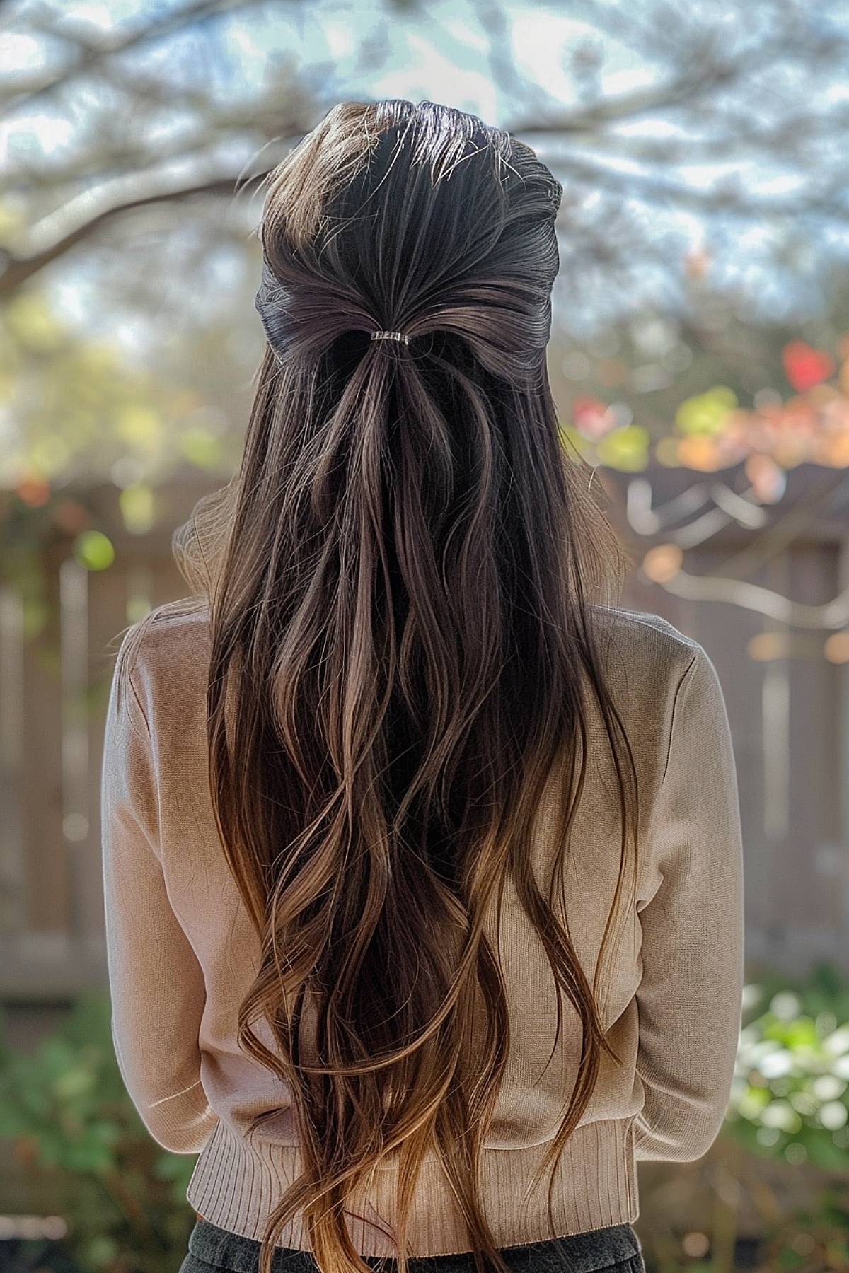 Half-up bow hairstyle for long wavy hair