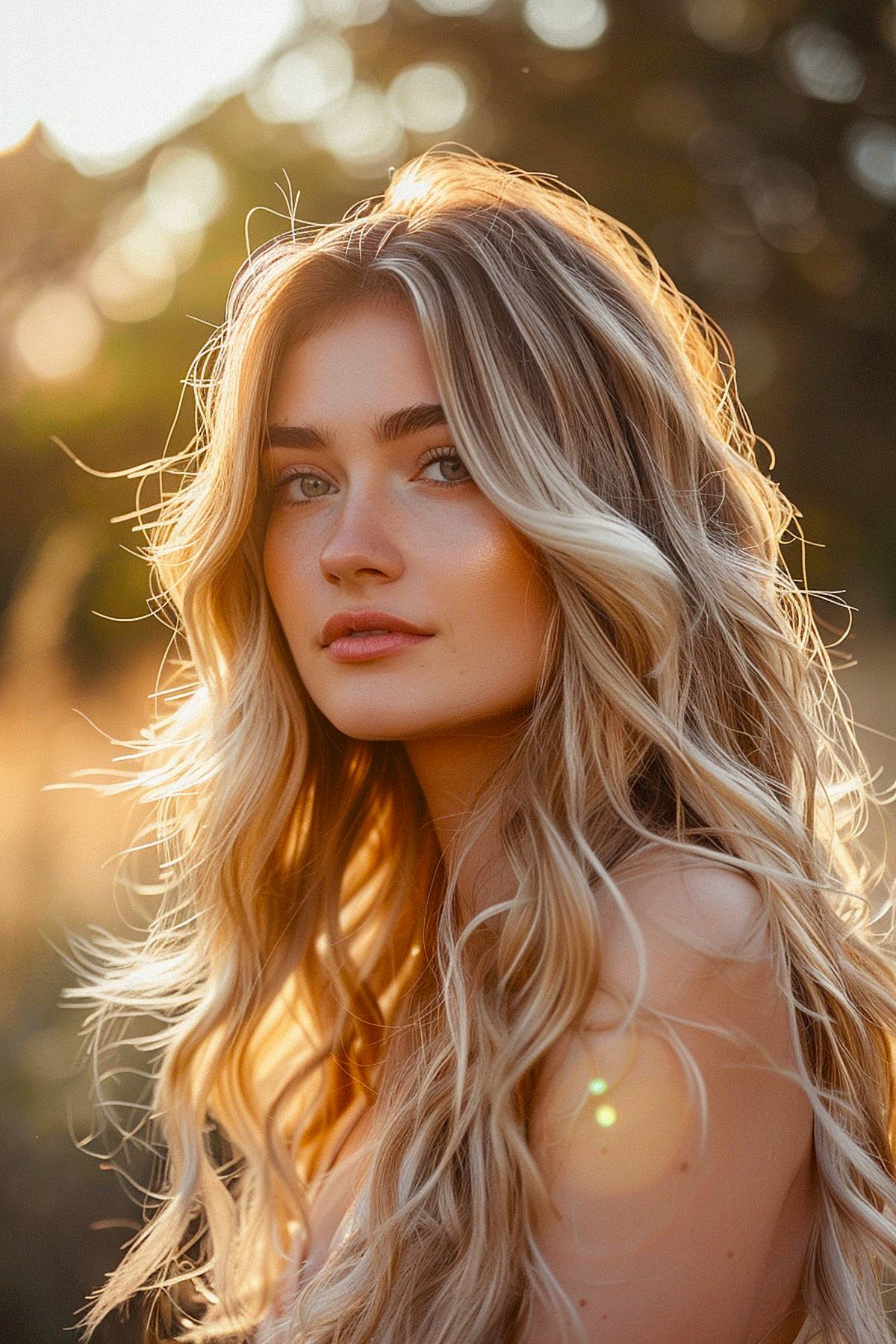 Long hair with radiant blonde highlights and soft curls