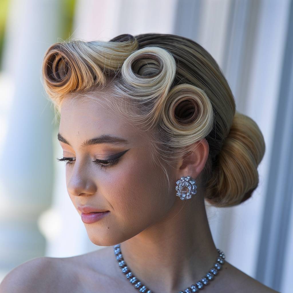 Retro-inspired RadianceRoll prom updo with sculpted victory rolls and smooth side bun