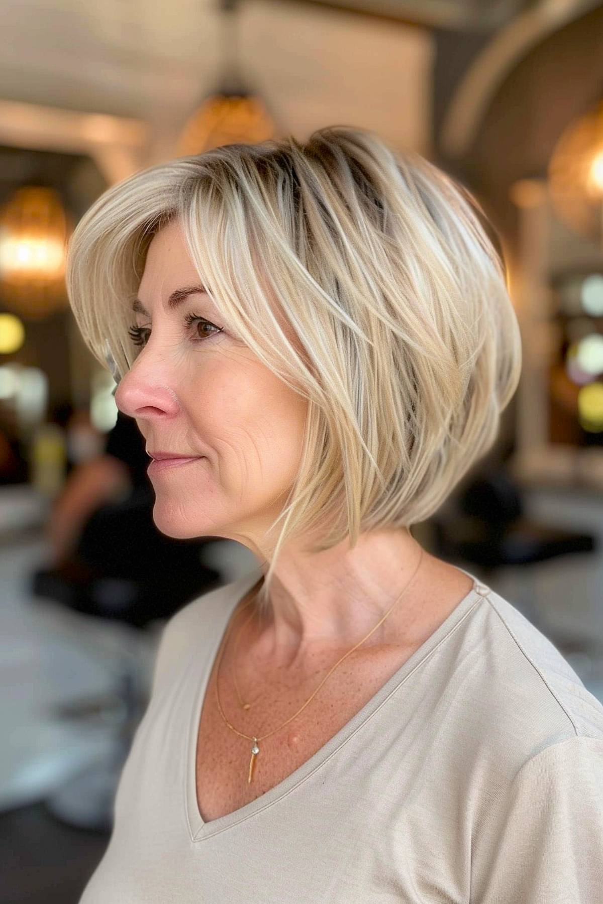 Blonde stacked bob with highlights and layers