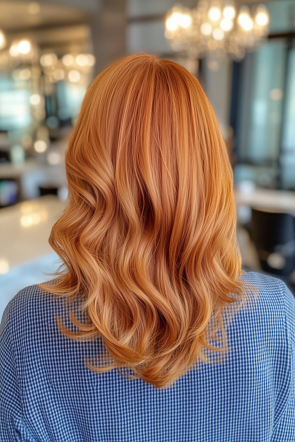 Back view of medium-length wavy hair in vibrant copper color