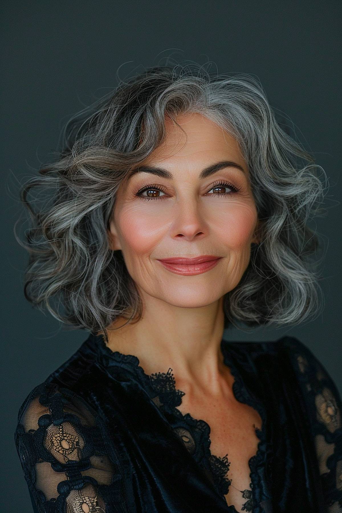 Curly bob hairstyle for gray hair over 50