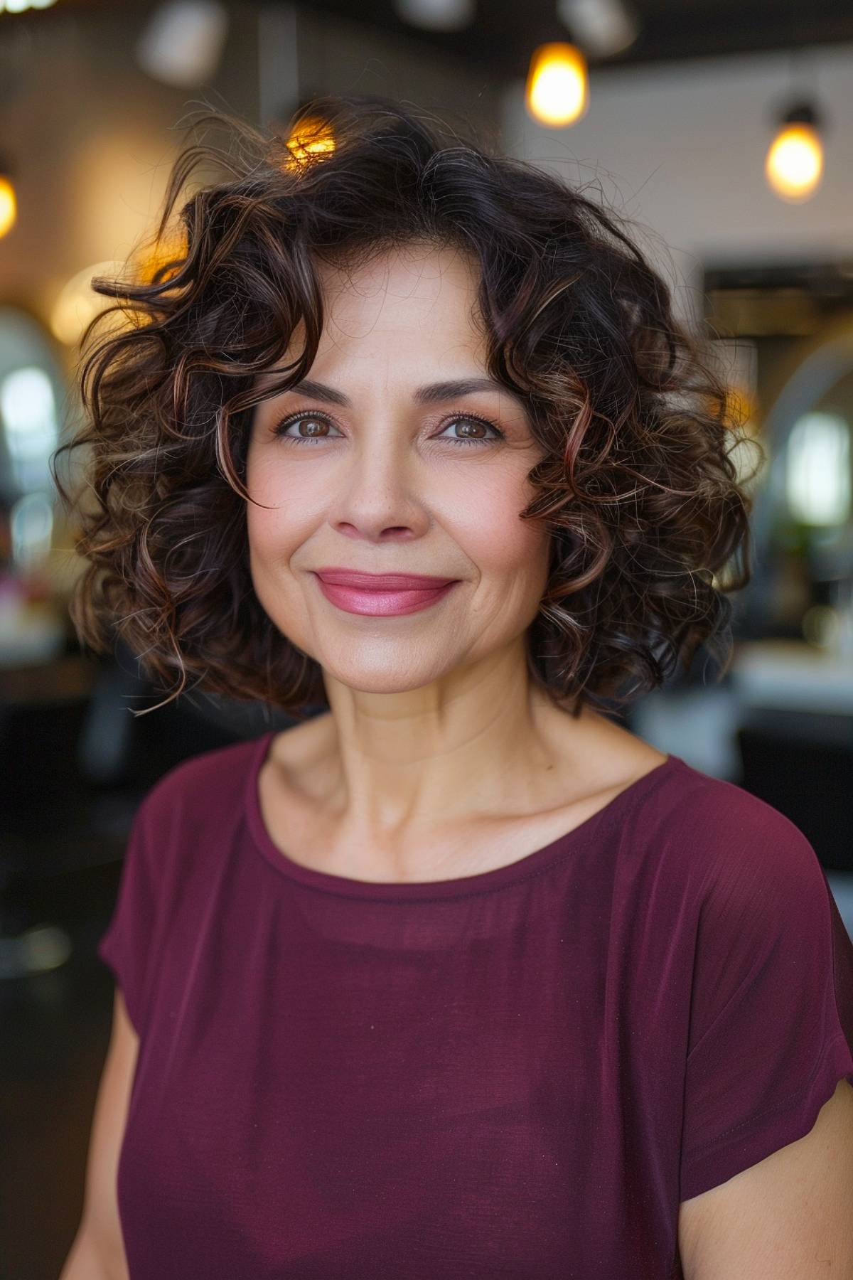 Layered curly bob hairstyle for older women with bouncy, lightweight curls